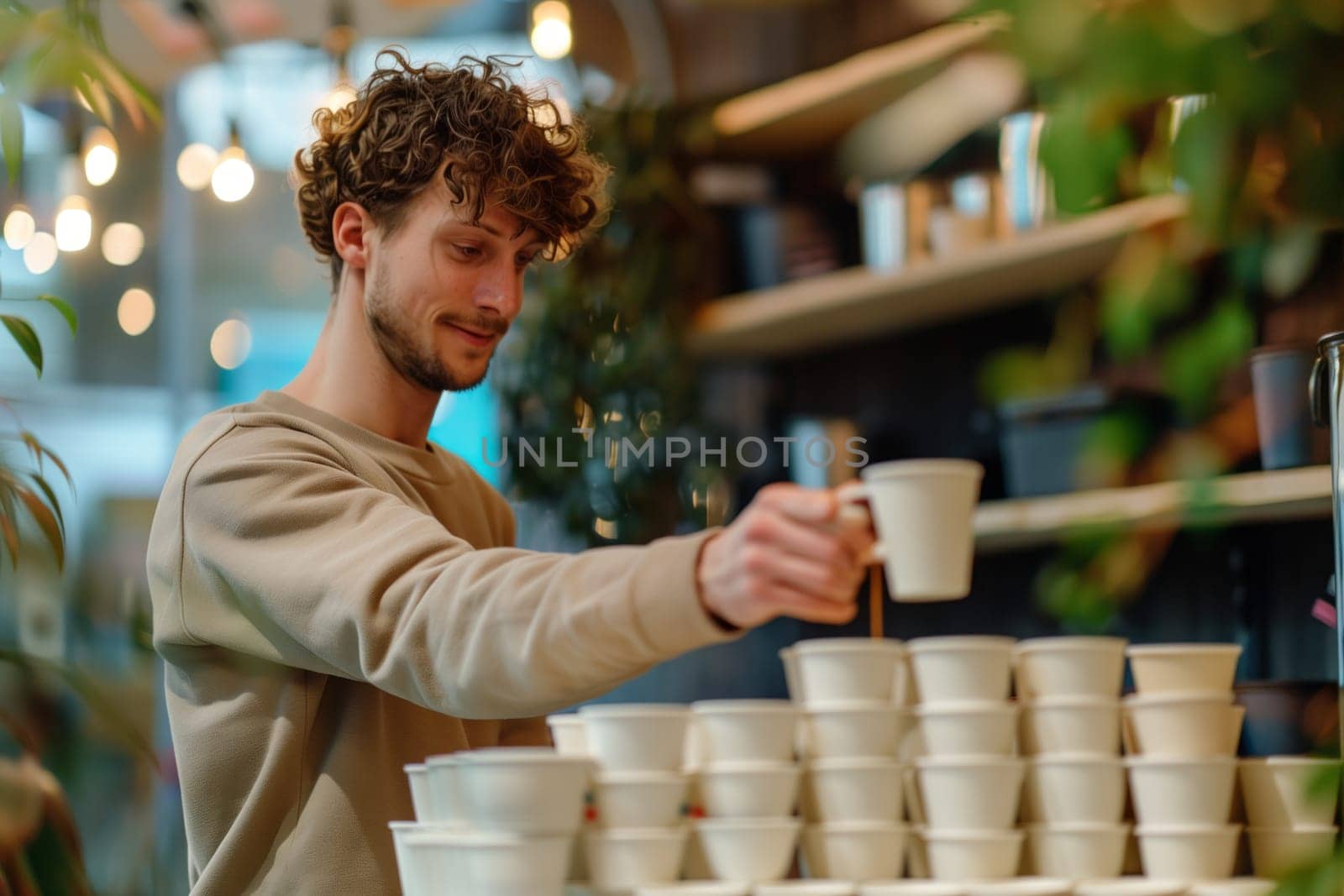 A man in a cafe is pouring coffee from a pottery cup with a wooden sleeve onto a tableware. There is an automotive wheel system machine in the background, adding to the recreation event