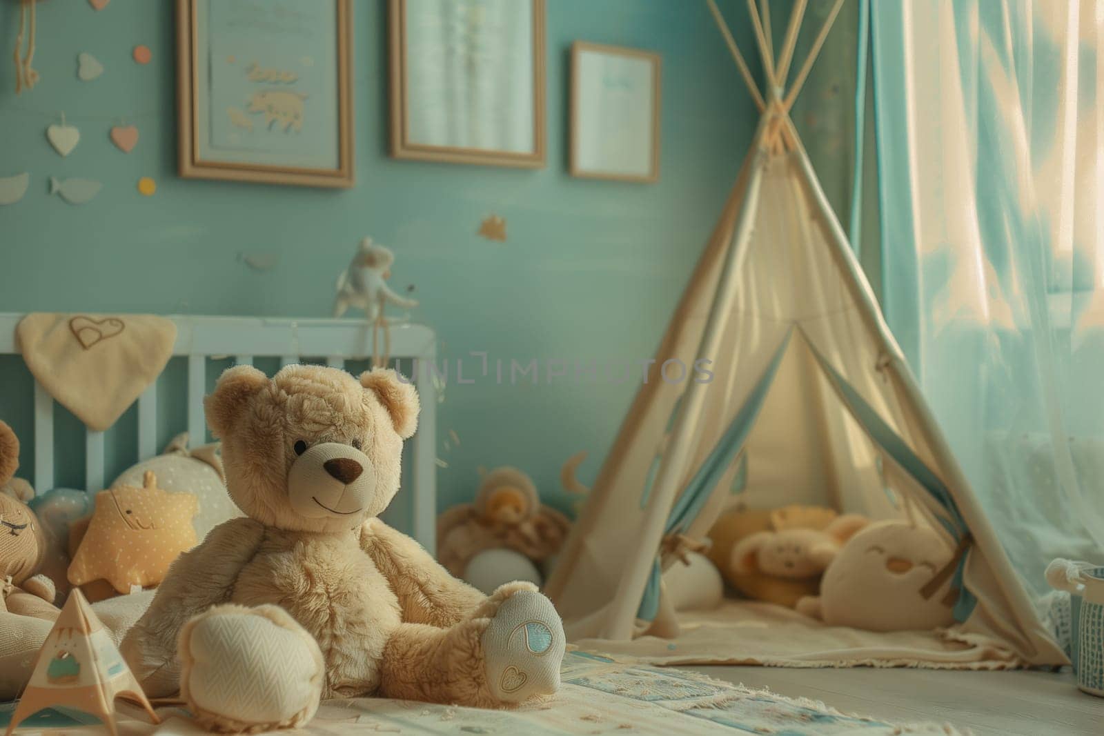 A plush teddy bear rests on a nursery bed beside a teepee, creating a comforting atmosphere with its soft fur. The toy adds a touch of art to the room