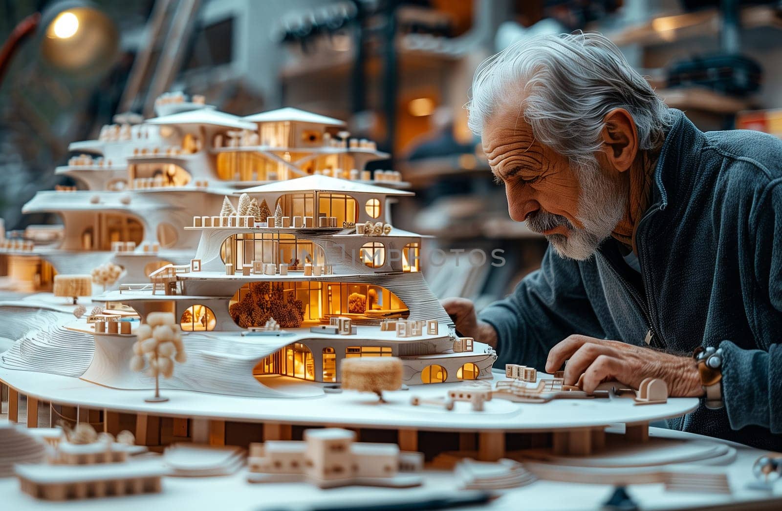 An elder gentleman is crafting a miniature city at the table. His artistry transcends cuisine, creating a delicacy for the eyes