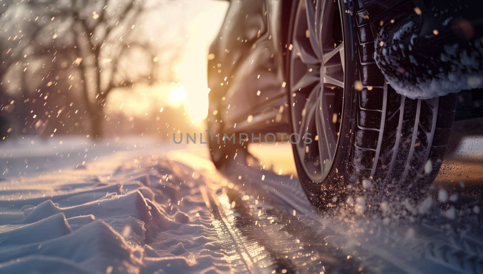 A motor vehicle equipped with automotive tires is driving through snowy road conditions, with automotive lighting illuminating the path ahead. Snowcovered trees and grass line the roadside