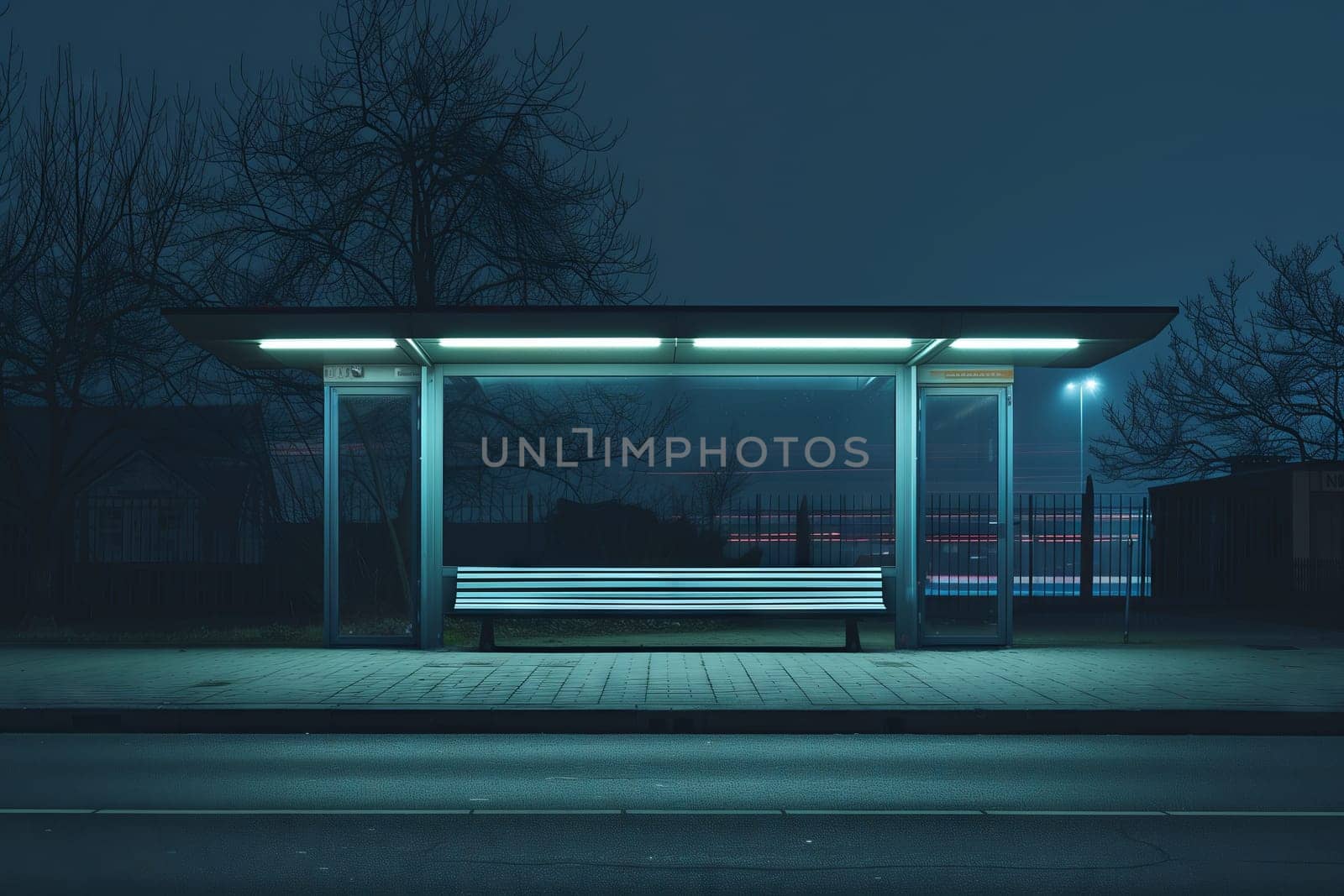 A rectangular glass bus stop with a bench sits empty at night, illuminated by automotive lighting. A lone tree provides shade as darkness falls