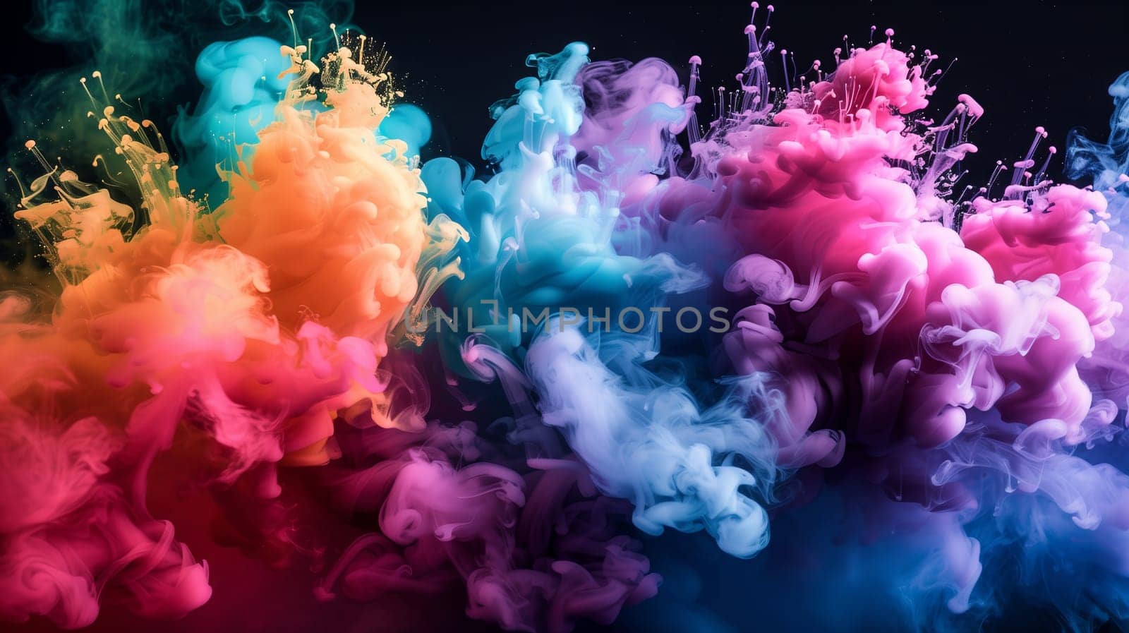 A mesmerizing art event featuring a vibrant display of purple, pink, violet, magenta, and electric blue smoke patterns rising from the water on a black background