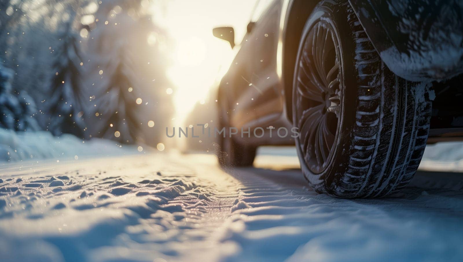 A vehicle equipped with automotive tires is driving on a snowy road, its wheel treads gripping the asphalt as it navigates the winter weather