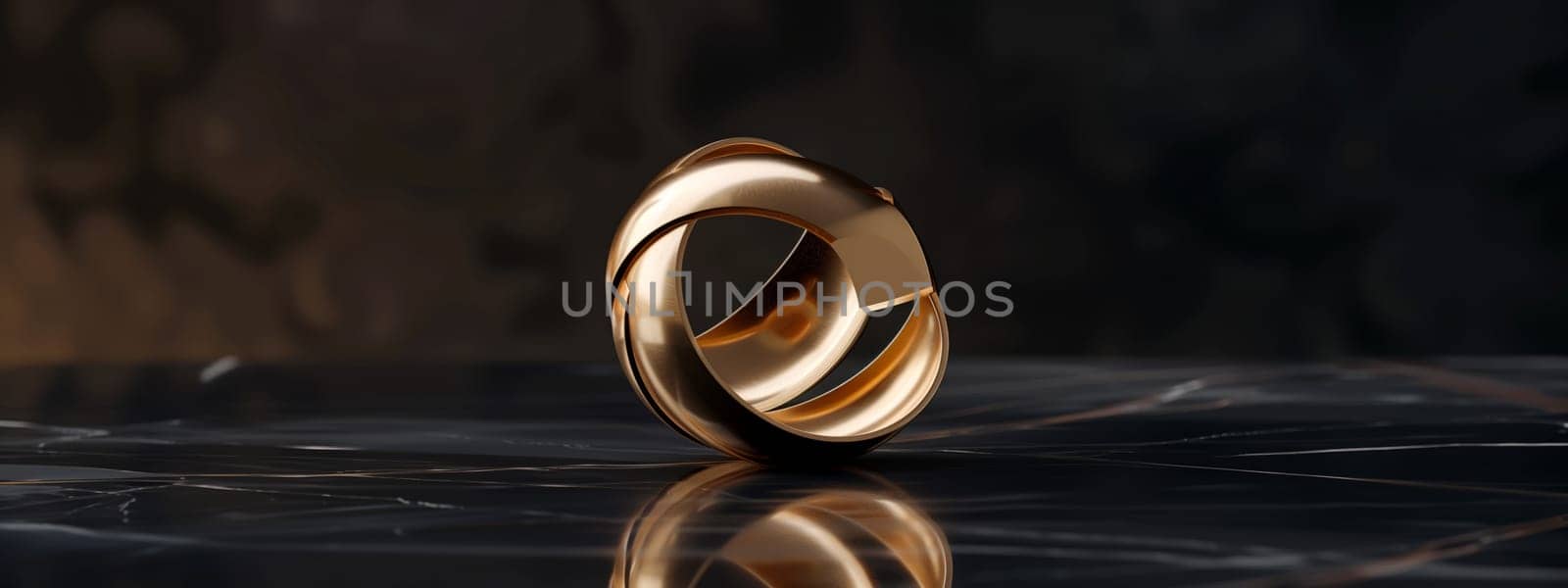 A close up of a gold ring, a luxurious piece of body jewelry, displayed on a wooden table with an electric blue background. Perfect for a fashion accessory event