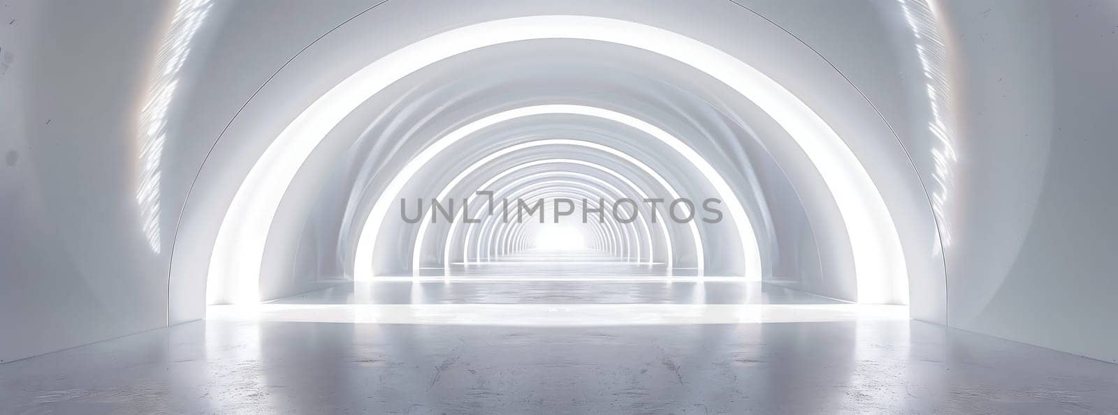 A gasfilled white tunnel with a symmetrical pattern on the ceiling leading to a bright light at the end, reminiscent of an art piece in monochrome photography