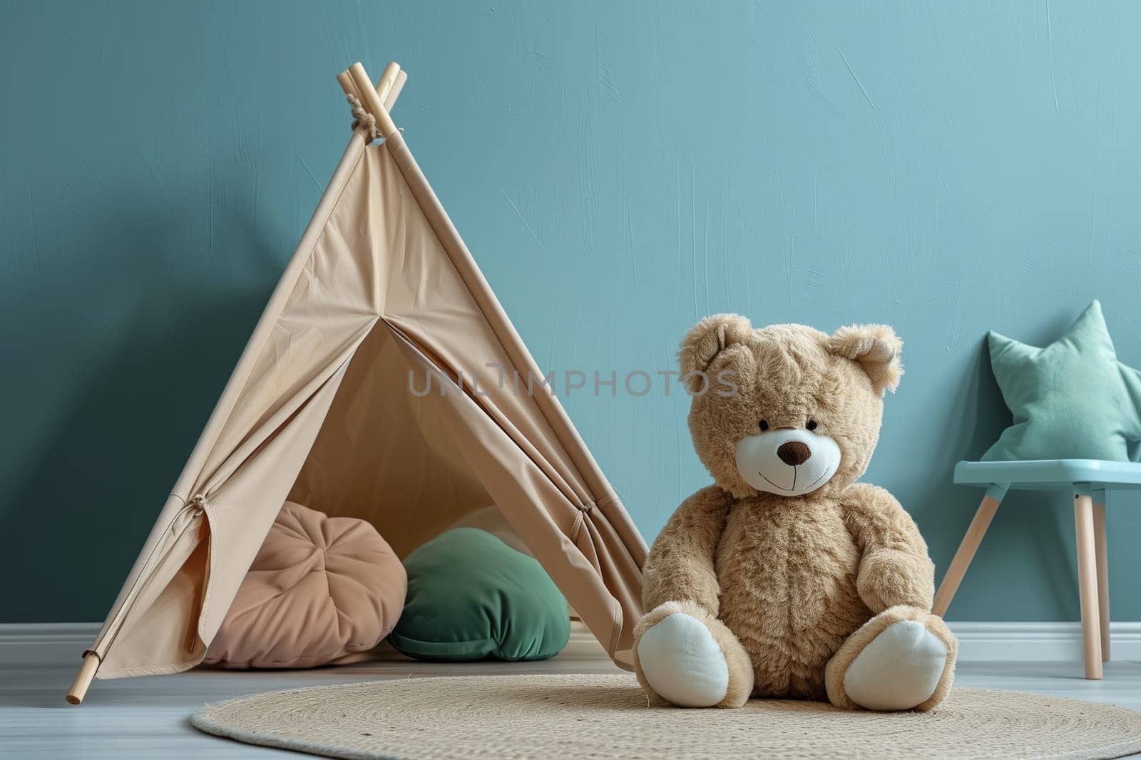 A stuffed toy teddy bear with fur is sitting in front of a wooden teepee in a room, providing comfort and adding a touch of charm with its triangle and rectangle shapes