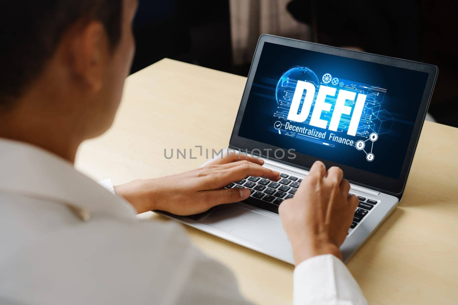 Decentralized finance or DeFi concept on modish computer screen . The defi system give new choice of investment and money saving .