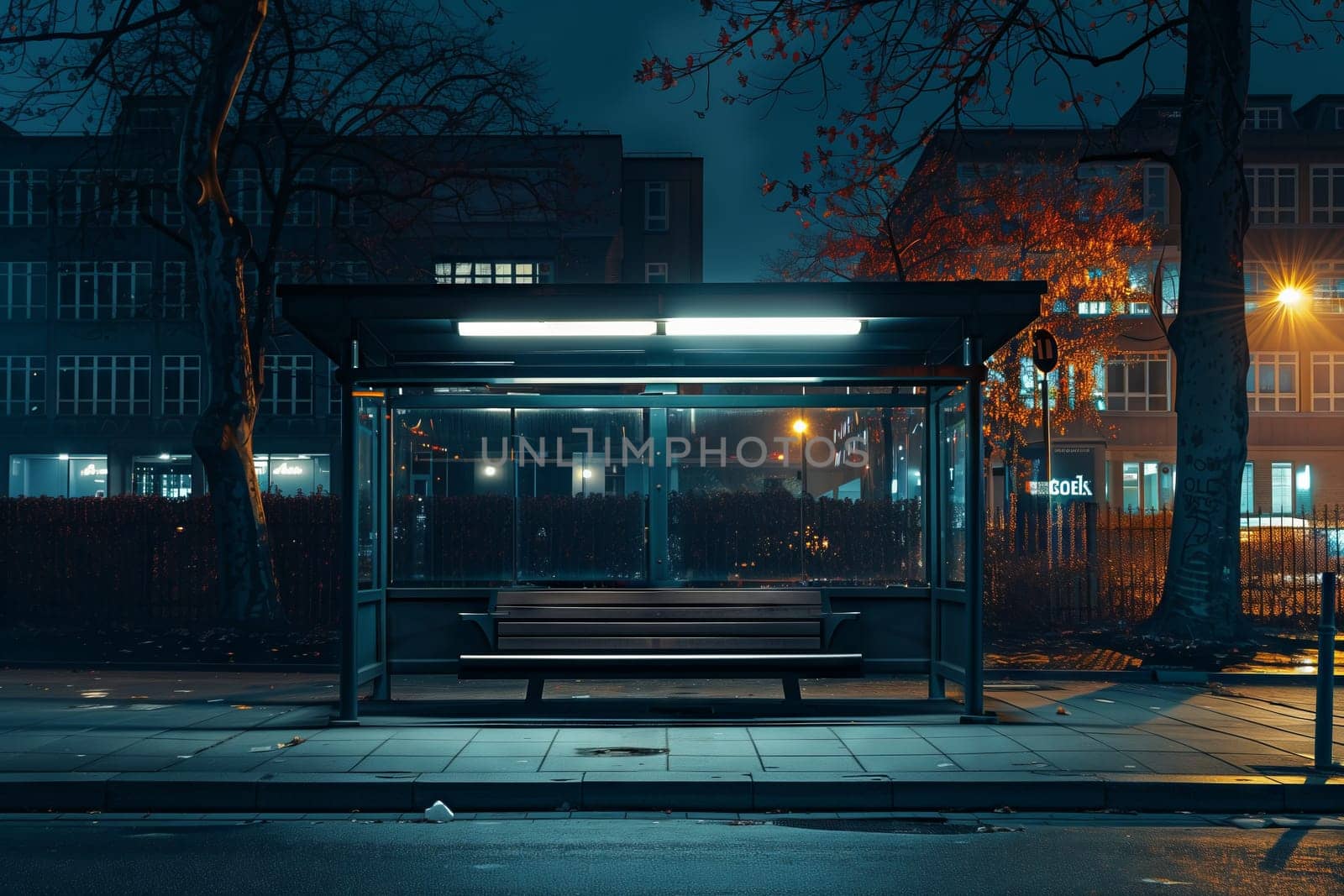 A deserted bus stop in the city at midnight, with a bench on the asphalt street. The only source of light is the automotive lighting reflecting on the glass building facade