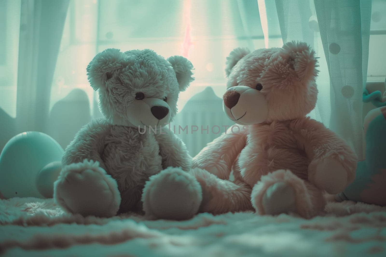 Two stuffed toy teddy bears are resting next to each other on an azure bed. Their snouts are cuddled together, creating a heartwarming display of companionship and art