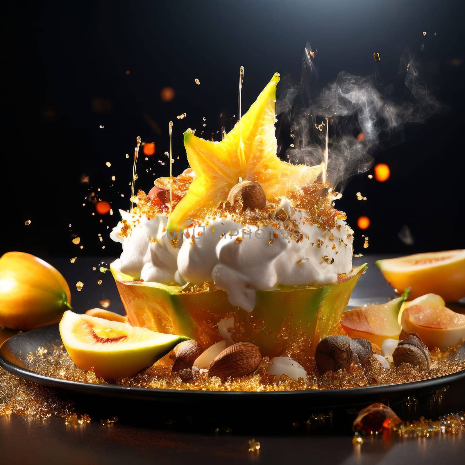 Dessert with star of carambola on top, bunch of fruit on side. For online cooking tutorials, food delivery apps, virtual cooking classes, digital restaurant menus, various contexts such as food blogs