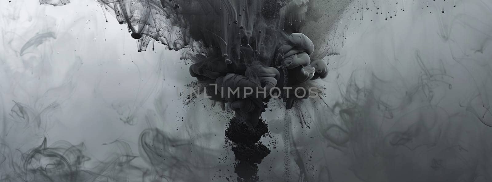 A dramatic closeup shot of dark black smoke billowing out of a pipe, resembling liquid darkness. This monochrome photography captures a striking event in an industrial plant
