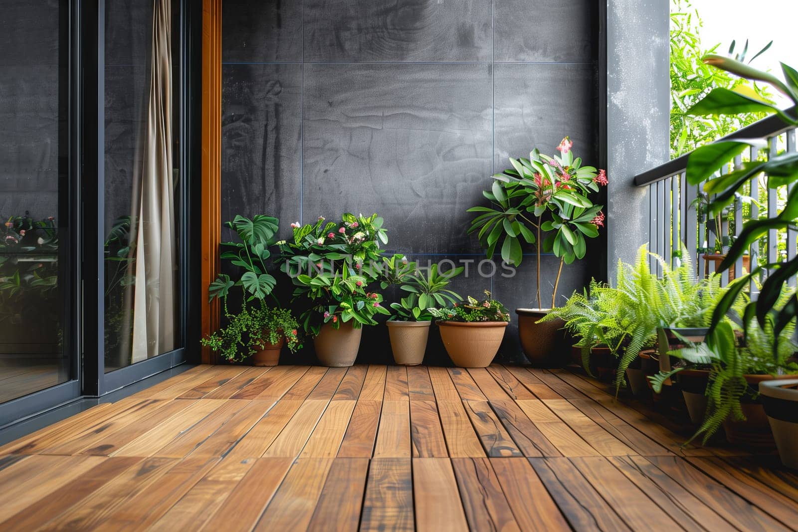 A wooden deck adorned with potted plants, enhancing the building exterior. The rectangular fixture complements the window and wood flooring