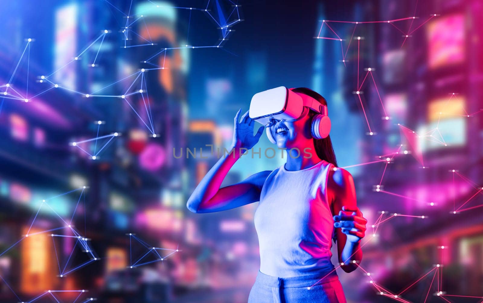 Female standing in cyberpunk style building in meta wear VR headset connecting metaverse, future cyberspace community technology. Woman touching goggle looking far virtual construction. Hallucination.