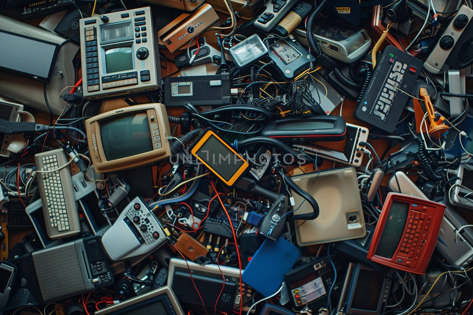 A stack of old electronic devices forms an artistic pattern of metal and electric blue hues, resembling a city skyline. An engineering marvel at a building event