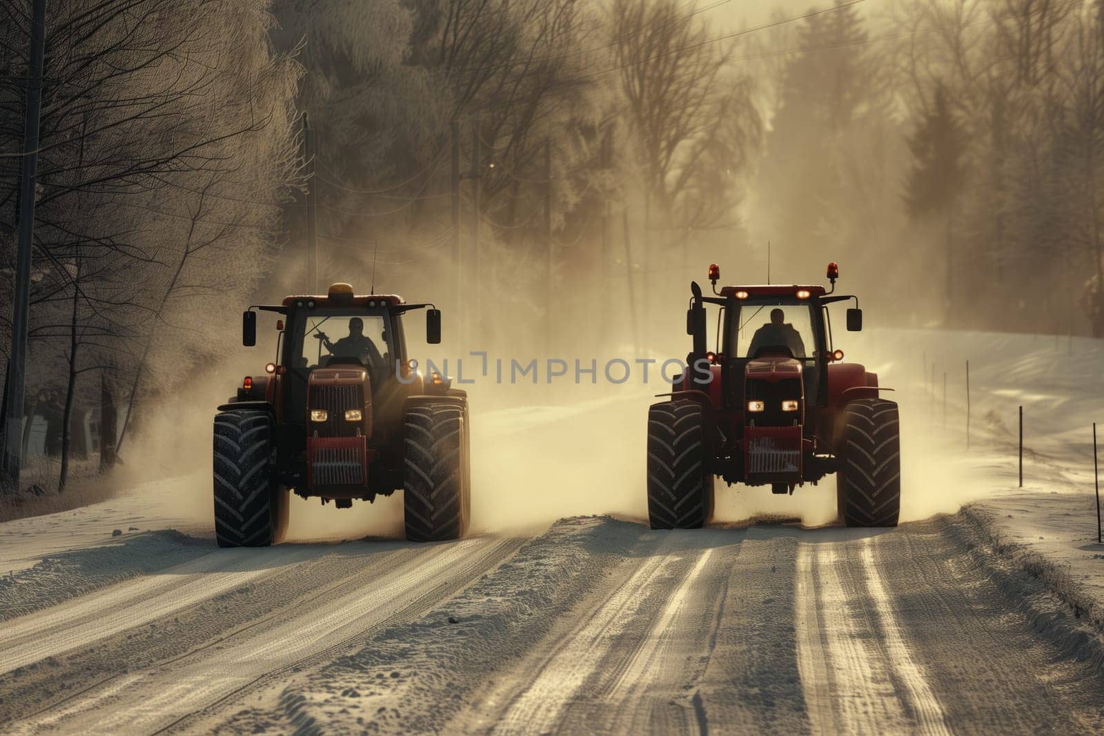 Two tractors on snowy road, their tires gripping the asphalt by richwolf