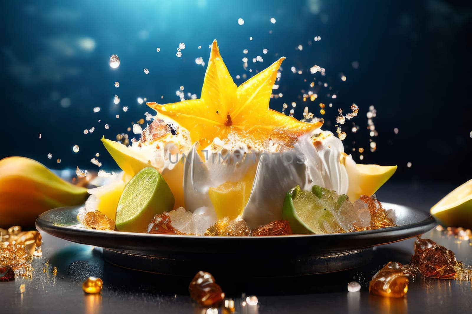 Bowl of ice cream with carambola, lemons garnish on top. For online cooking tutorials, food delivery apps, virtual cooking classes, digital restaurant menus, various contexts such as food blog, bunner