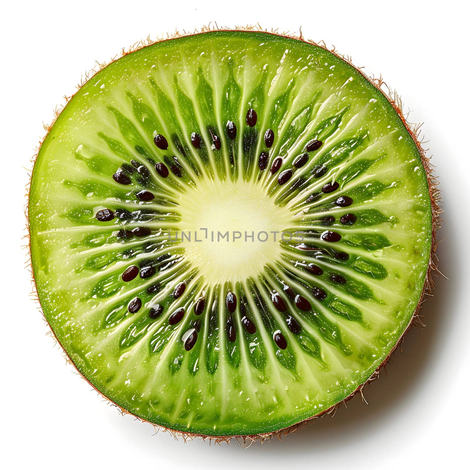 An artistic closeup of a slice of kiwi, a seedless fruit from the hardy kiwi plant. This natural food ingredient is visually appealing on a white background