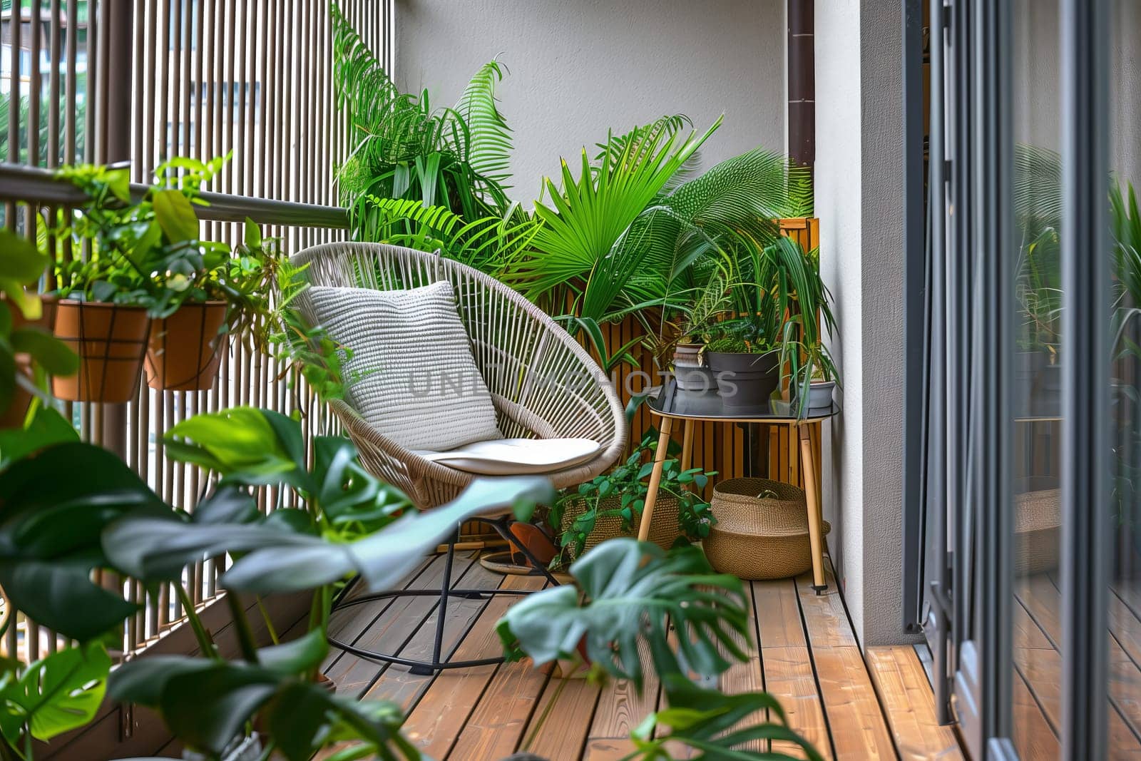 A balcony adorned with numerous houseplants in flowerpots and a chair by richwolf