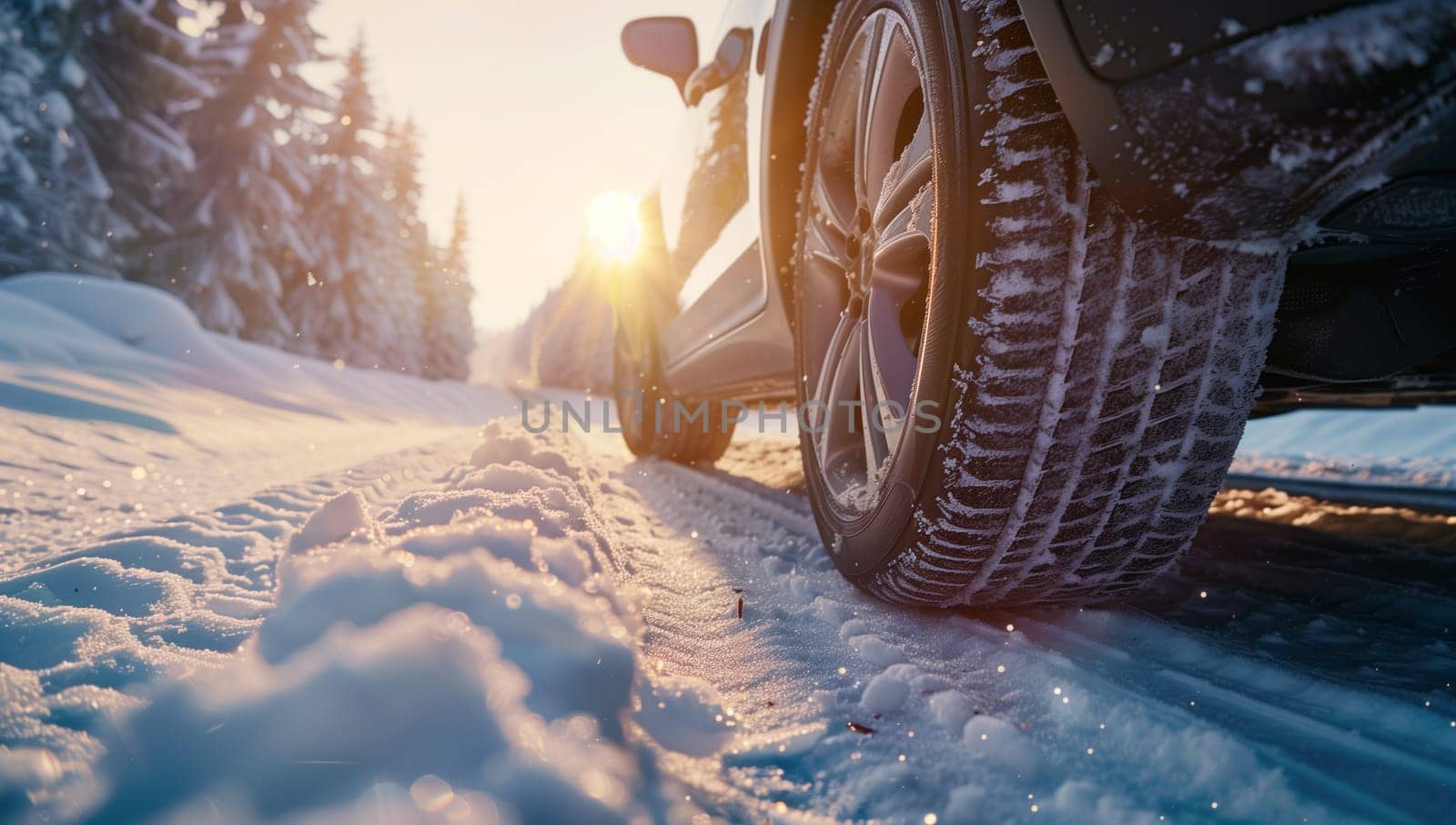 A motor vehicle with automotive tires and treads is driving down a snowy road, with lights reflecting off the white snow