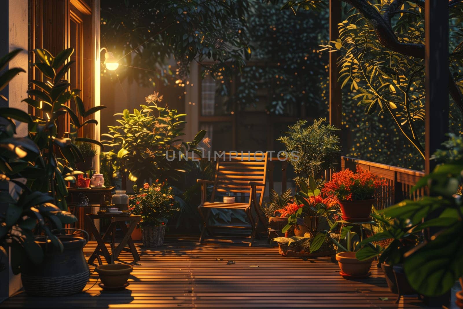 A wooden porch with a chair, table, and potted plants illuminated by the darkness of night, creating a serene landscape outside a building