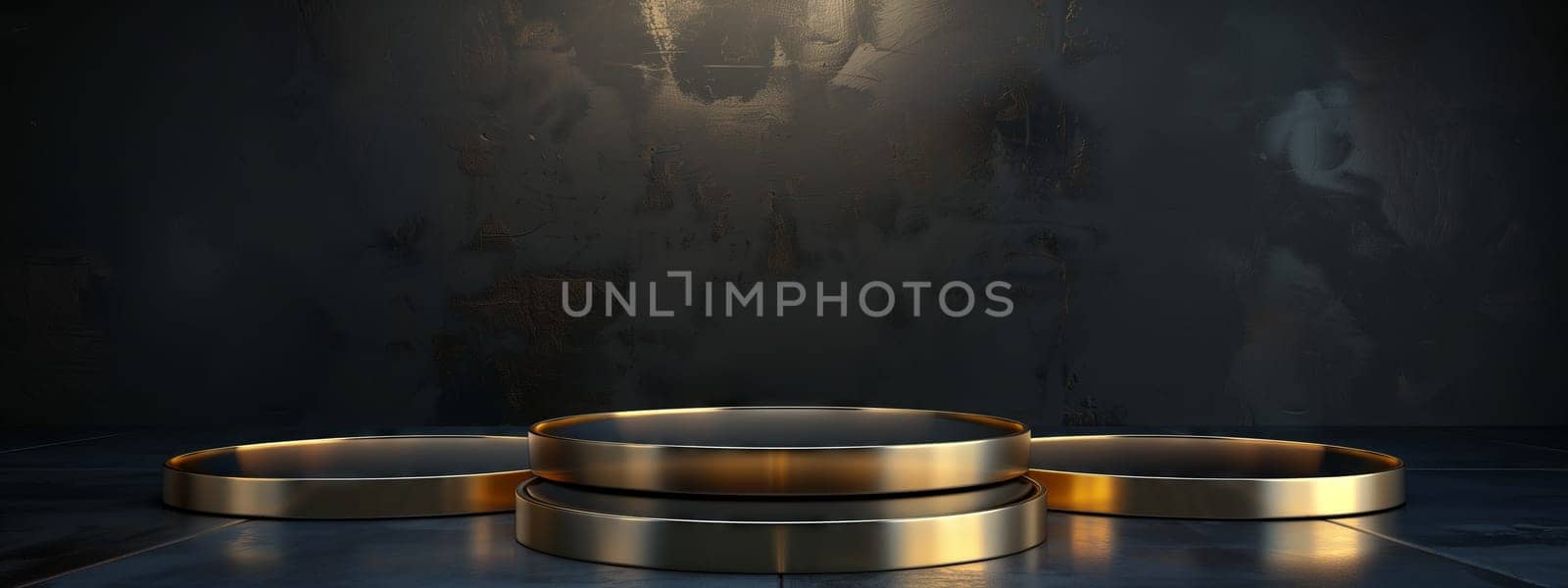 A 3D rendering of a gold podium in a dimly lit room, surrounded by a cloud of darkness. The podiums sleek metal surfaces reflect the soft automotive lighting, creating a mesmerizing effect