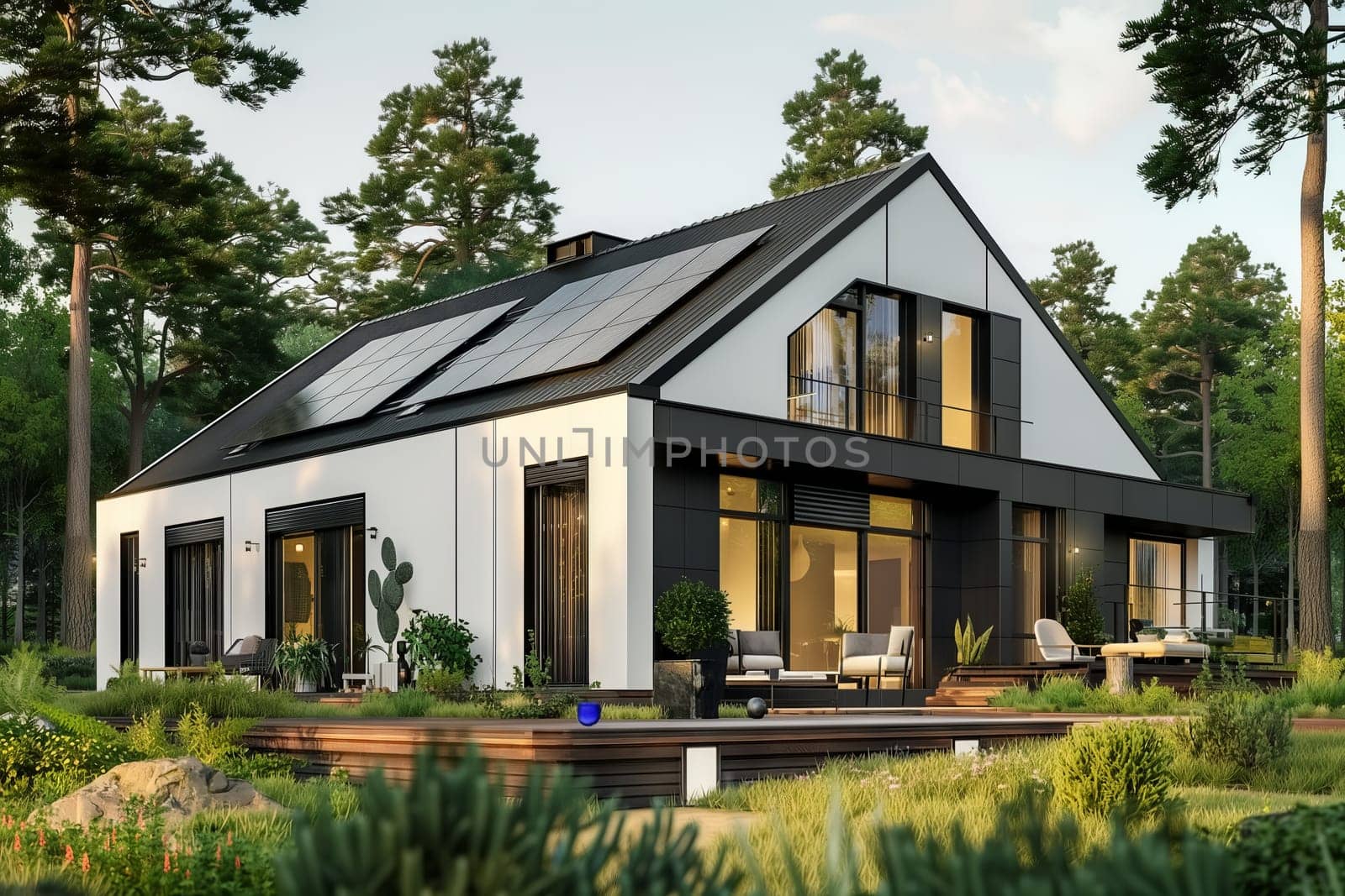 The black and white house with solar panels on the roof is nestled among trees, creating a harmonious blend of modern fixtures and natural landscape