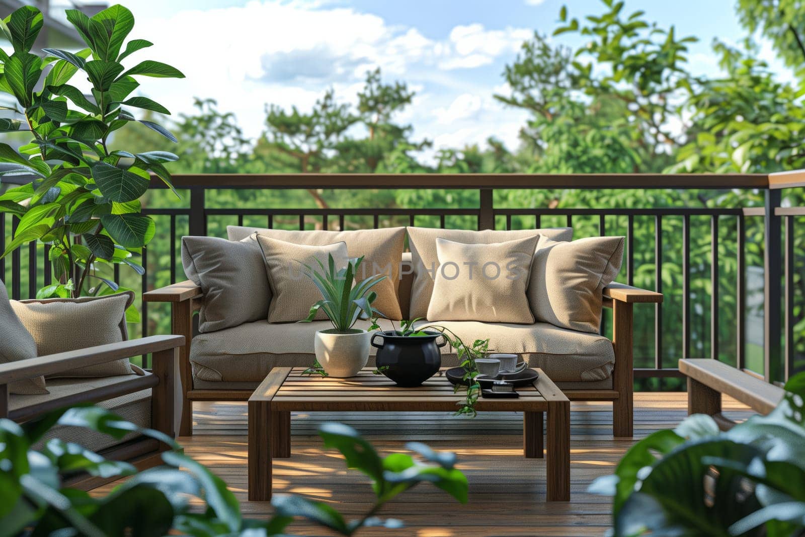 A balcony adorned with outdoor furniture including a couch, chairs, and a table surrounded by potted plants, with views of the sky and nearby buildings