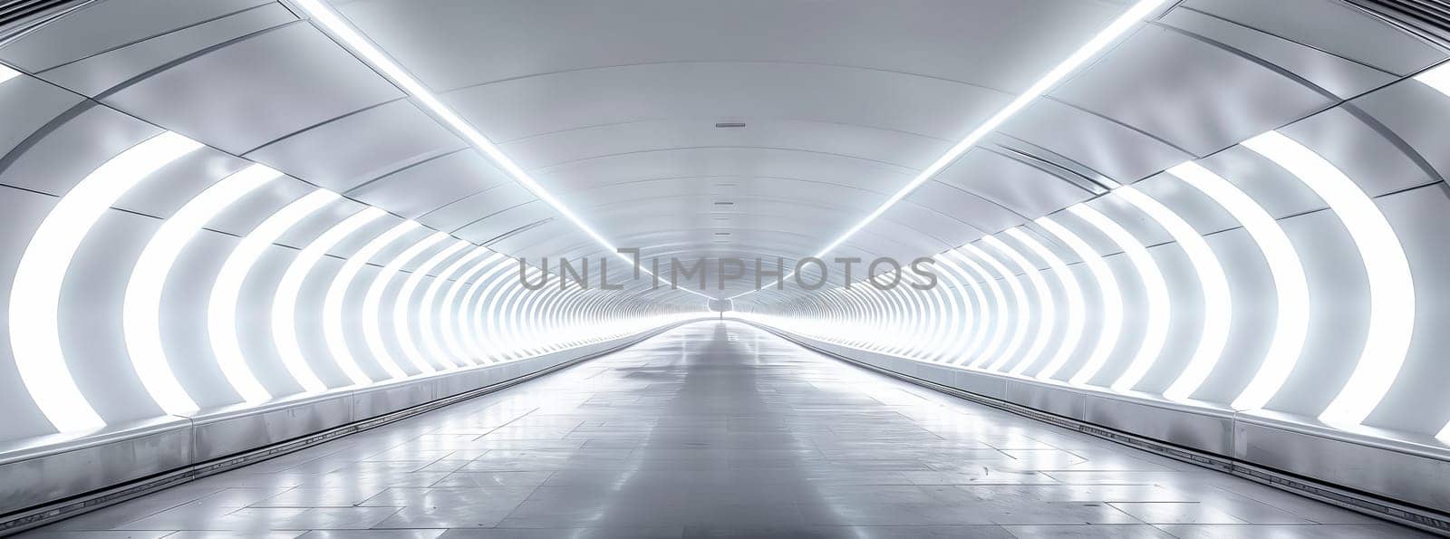 A symmetrical tunnel with parallel lines of electric blue lights on the walls and ceiling, creating a mesmerizing pattern. The ceiling resembles a water ripple effect in monochrome photography