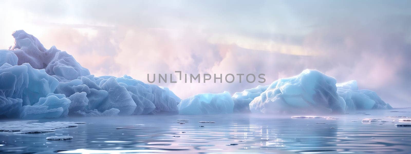 Icebergs float in the liquid water with mountains in the background. The sky is clear, creating a calm natural landscape with a beautiful horizon