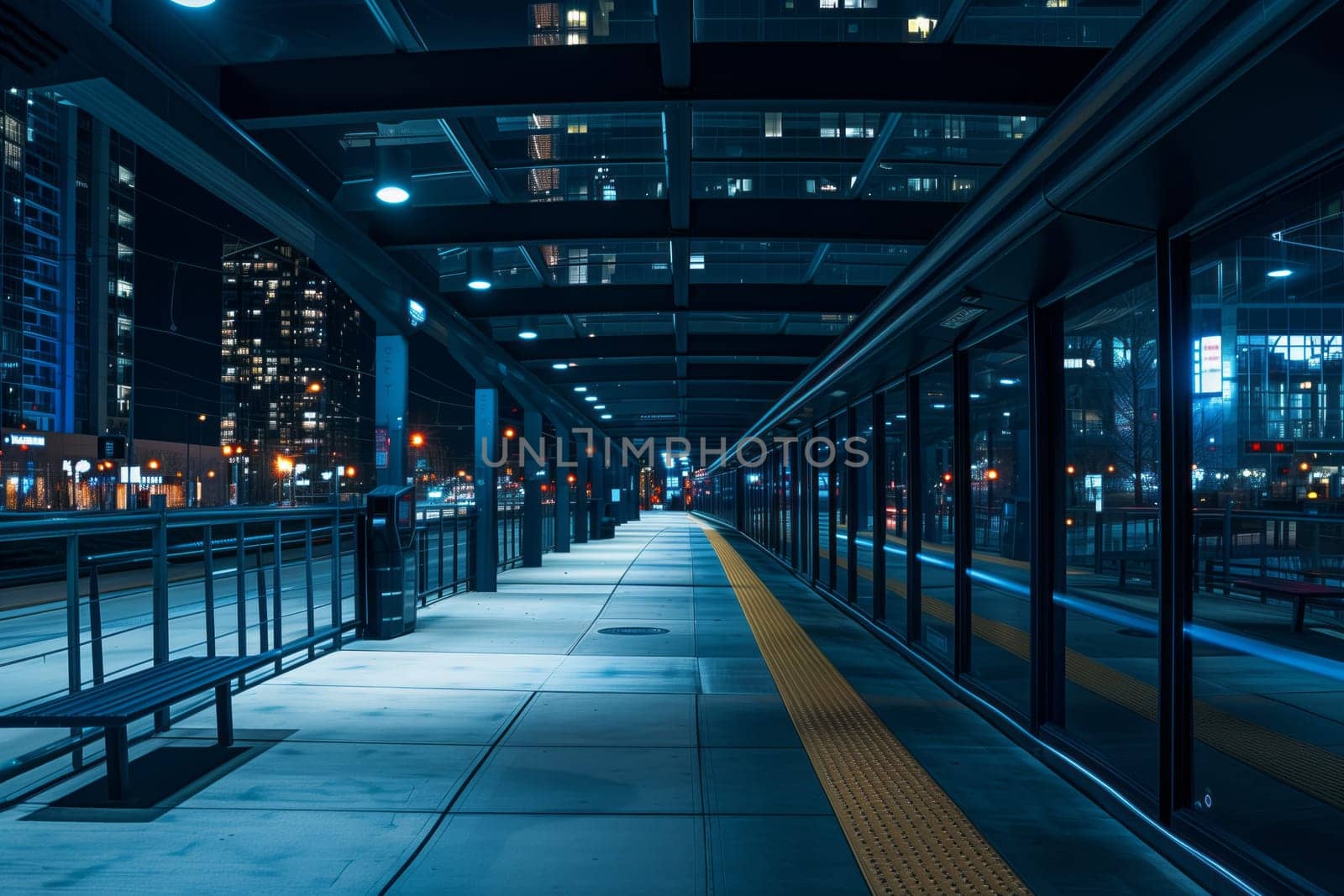 An abandoned train station at night with a bench in the foreground. The commercial buildings glass and metal fixtures shine under electric blue lights, highlighting the symmetry of city engineering