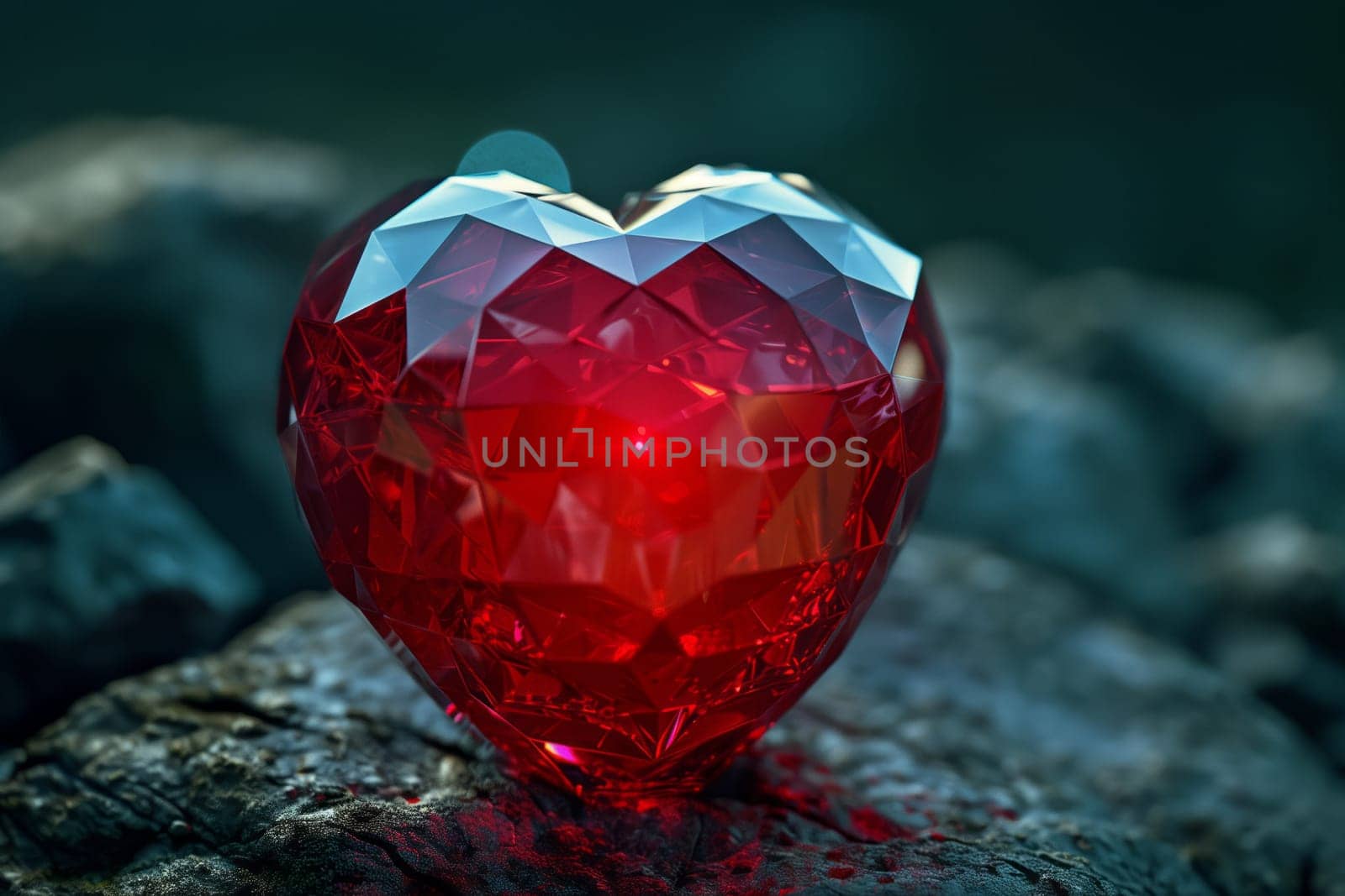 A fashion accessory, a red heartshaped pendant made of gemstone, is resting on a natural rock. The rock is gas and electric blue, contrasting with the magenta stone