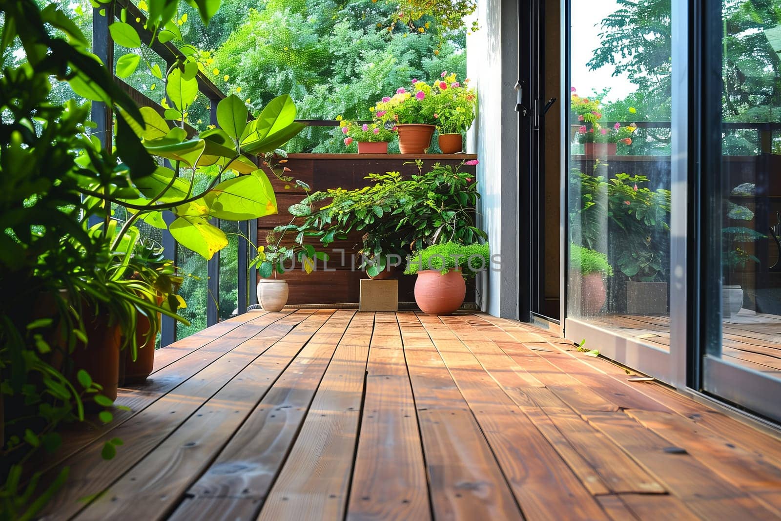 A wooden deck adorned with potted plants complements the sliding glass doors of the house. The natural fixtures bring warmth to the building