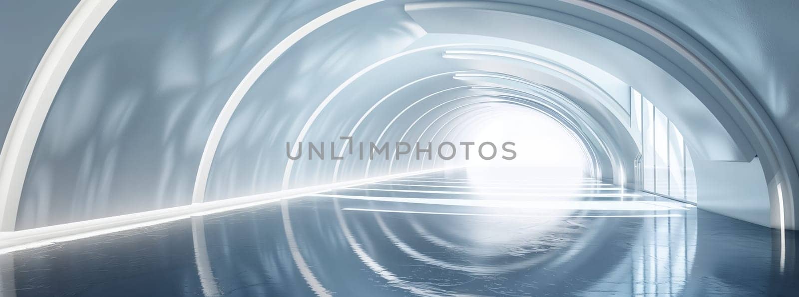 An electric blue light is emitting from the end of a transparent tunnel made of liquid, forming a circle pattern. The macro photography captures the intricate details of the glass surface