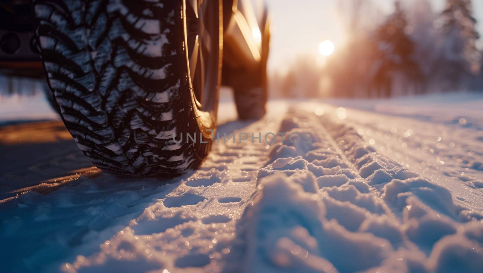 An automotive tire glides down the freezing asphalt road, surrounded by a natural landscape painted in tints and shades of wood and electric blue, as the sun sets