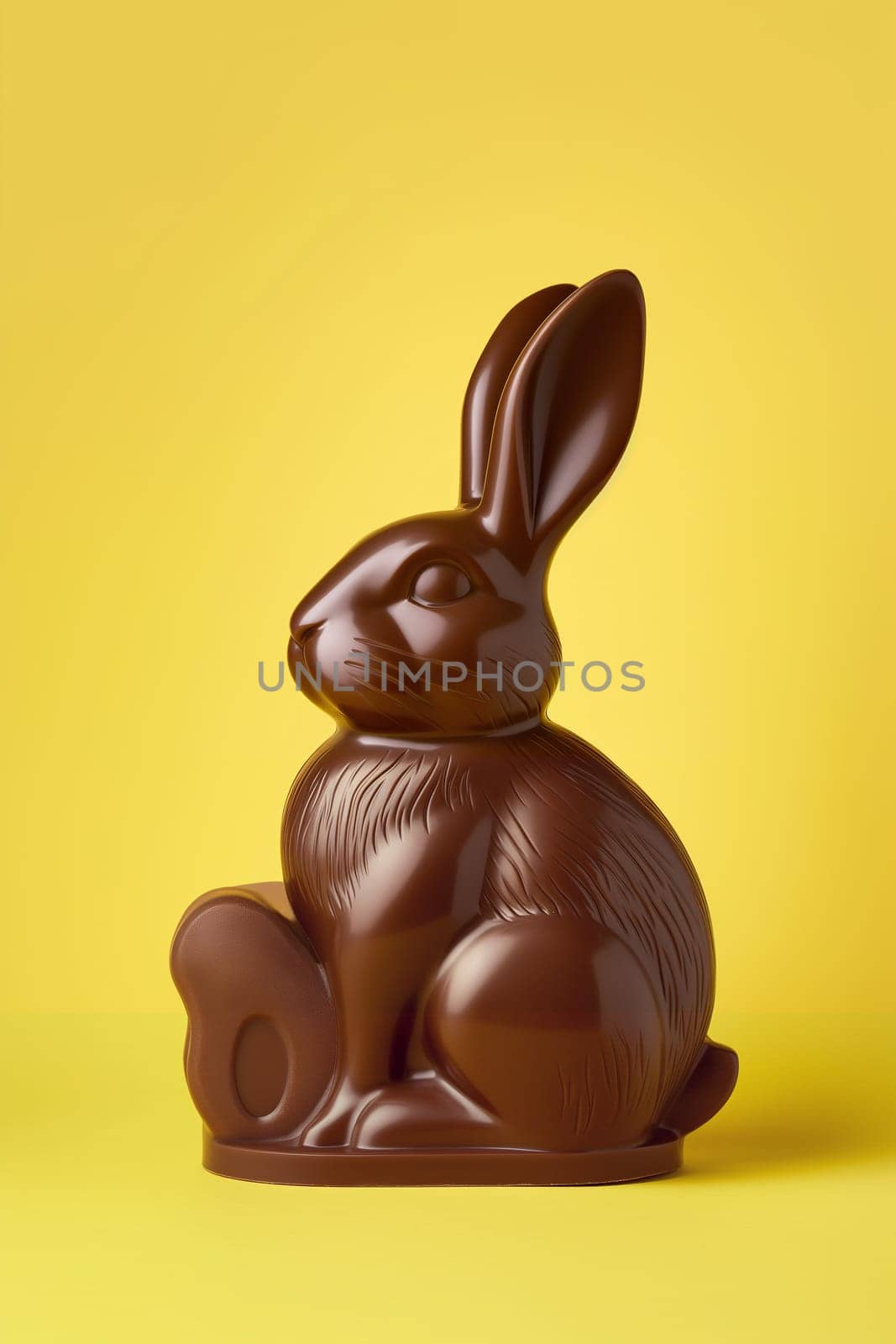 A brown easter chocolate bunny designed in a classic pose is presented against a vibrant yellow backdrop, symbolizing festive springtime celebrations - Generative AI
