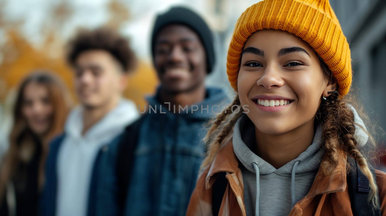 A cheerful young woman wearing a yellow knit hat shares a moment with her diverse group of friends on a crisp autumn day, showcasing the warmth of friendship in cool weather - Generative AI