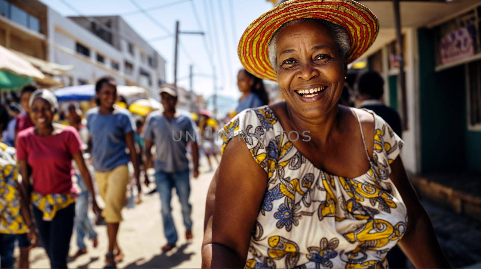 Vibrant portrait of a smiling African woman in a traditional hat, with a bustling street scene in the background - Generative AI