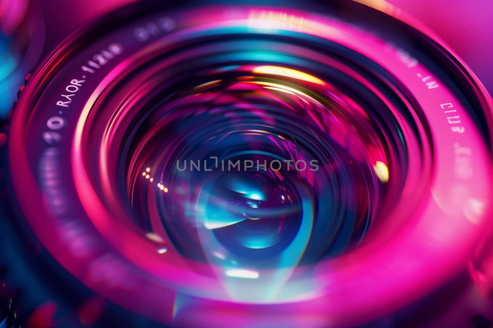 Vibrant purple and electric blue hues swirl around a camera lens, creating a colorful and fluid backdrop for photography enthusiasts
