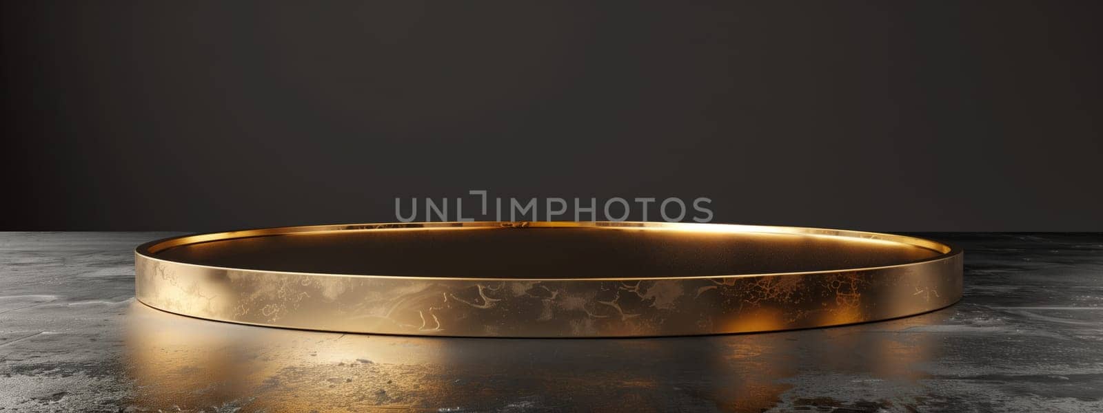 A gold ring is elegantly displayed on a wooden table, creating a striking contrast between metal and wood in a still life photography composition