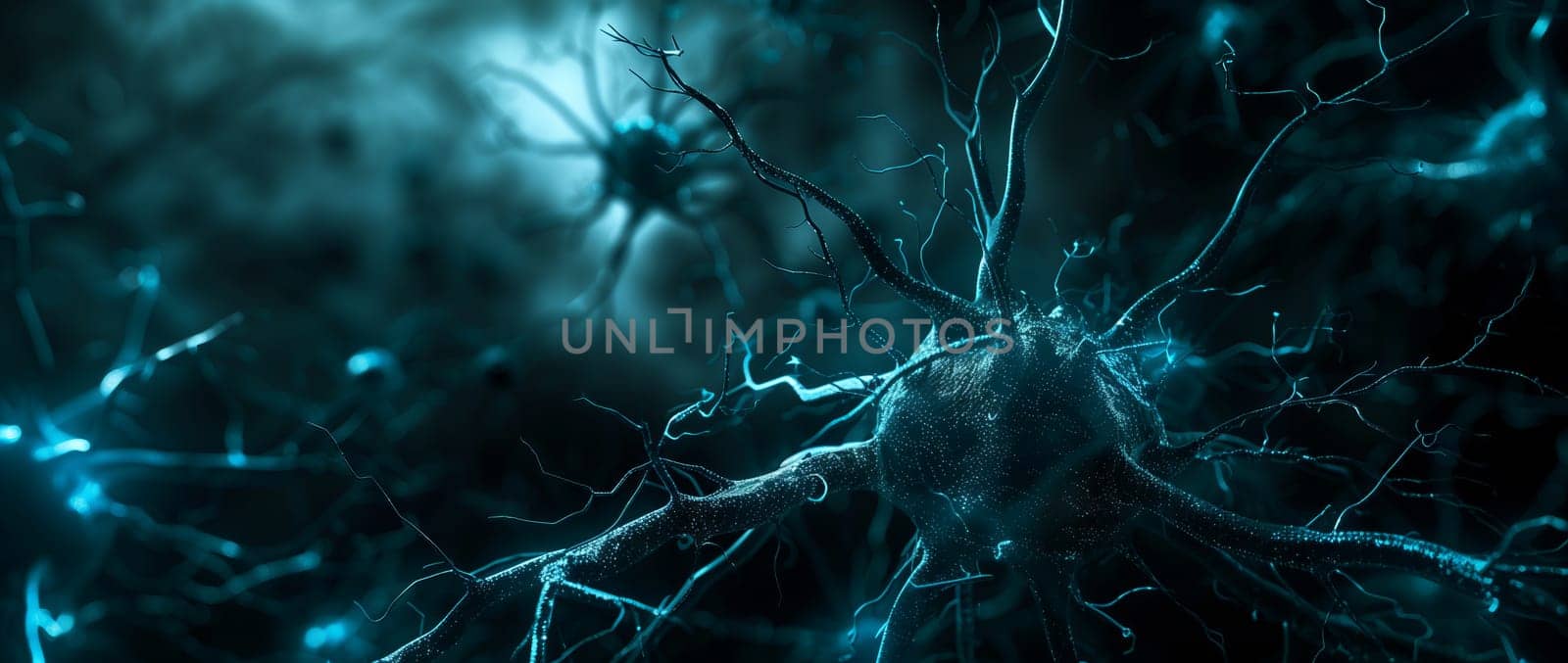 A close up of a nerve cell resembling a terrestrial plant twig in a dark room, with an electric blue pattern resembling a natural landscape