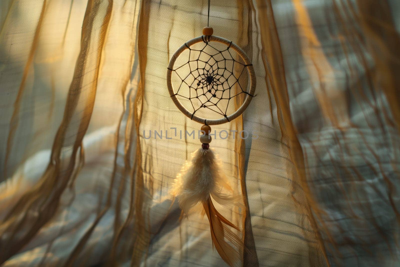 A closeup of a dream catcher made of wood, twigs, metal, and mesh hanging from a curtain. The intricate pattern creates tints and shades on the glass beads, resembling a trunk in the wildlife