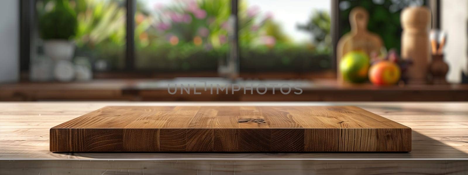 A hardwood cutting board rests on a wooden table in a kitchen, surrounded by a landscape of plants and grass visible through a nearby window