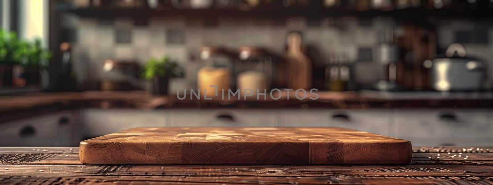 A hardwood cutting board rests on a wooden table in a kitchen, surrounded by a lush grass landscape. The wood stain enhances the natural beauty of the wood