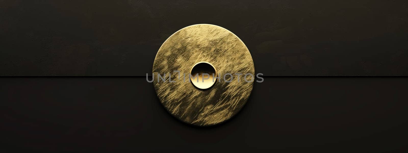 A bronze circle with a hole in the middle resembling a musical instrument on a black background. The metal and wood details in macro photography give it a fashionable art vibe in the darkness
