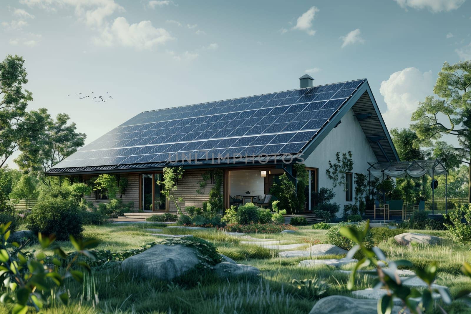 A cottage with solar panels on the roof is nestled among trees and grass in a natural landscape, under a cloudy sky