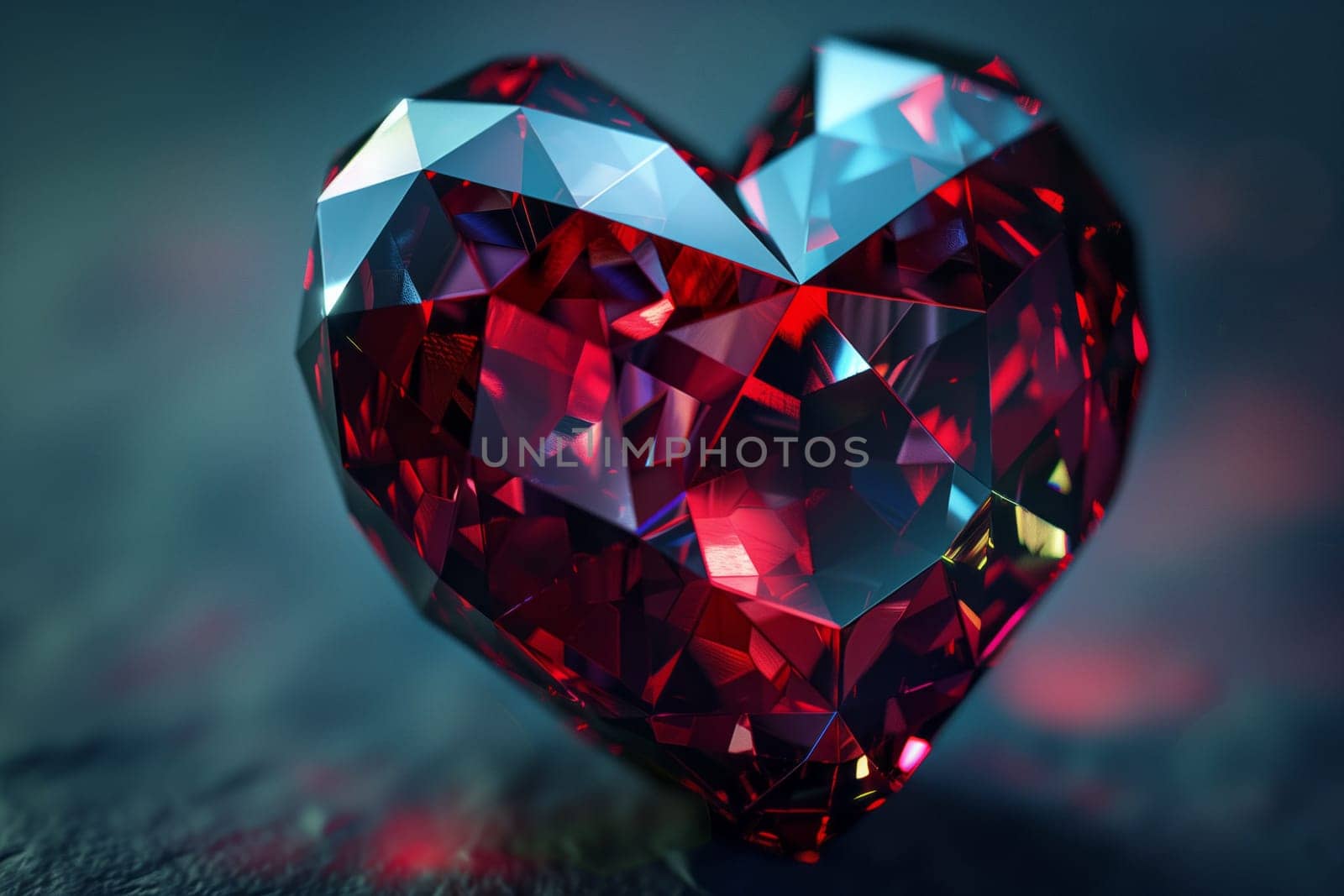 A close up image of a red heart shaped diamond on a glass table, sparkling with electric blue and magenta hues. This gemstone, Amber, is a stunning piece of body jewelry for any special event