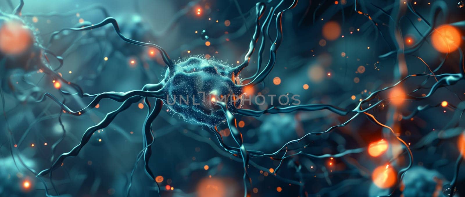 Electric blue neurons in brain art, science of waters event in darkness by richwolf