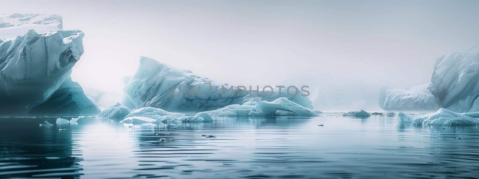 a group of icebergs floating on top of a body of water by richwolf