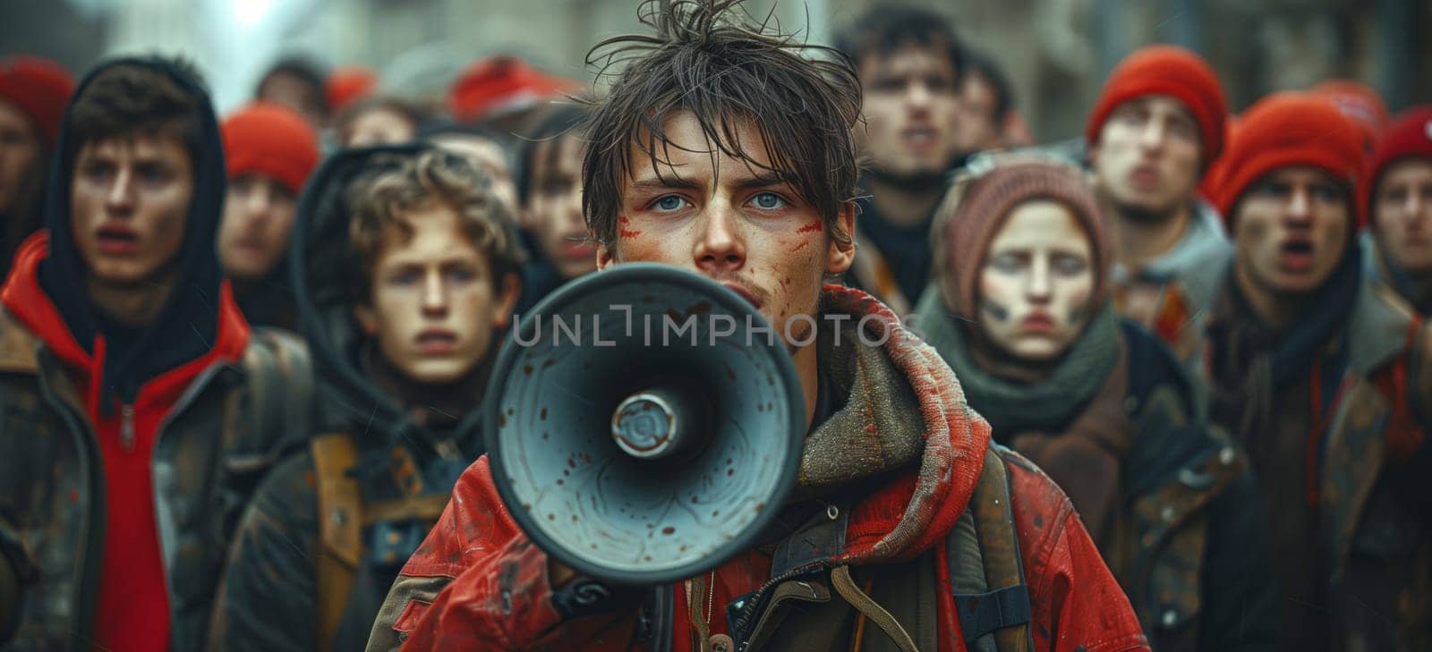 A man dressed as a fictional character from a movie is holding a megaphone in front of a crowd at an art event. The crowd is having fun sharing travel stories about the jungle