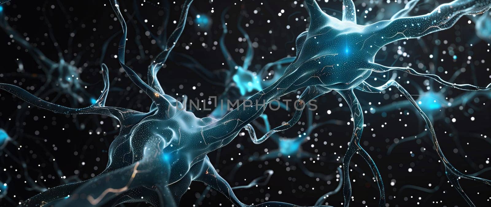 A digital representation of neurons in a brain, glowing in electric blue against a dark backdrop. Each neuron resembles a fictional character in a waterlike space, creating an artistic pattern